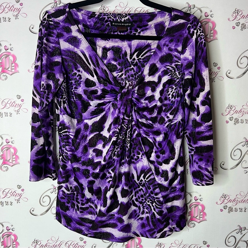 Bianca nygard top stretchy Purple Animal Print Women's Top sparkly size 8